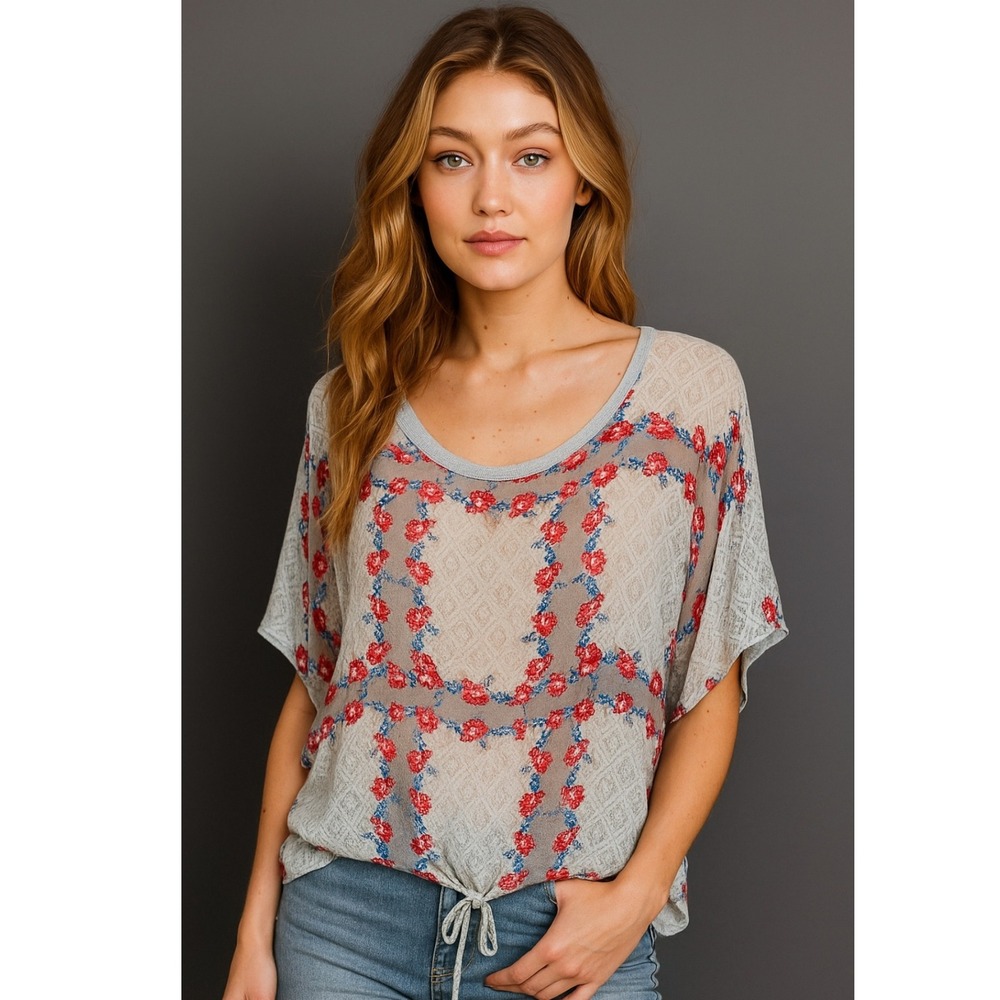 Language Lace Trim Floral Print Dolman Sleeve Top Shirt Boho Crochet Lightweight
